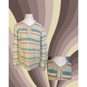 Vintage 70s Bananas Nancy Bossio Green Tan Stripe Hippy Popover Sweater Sz M/L